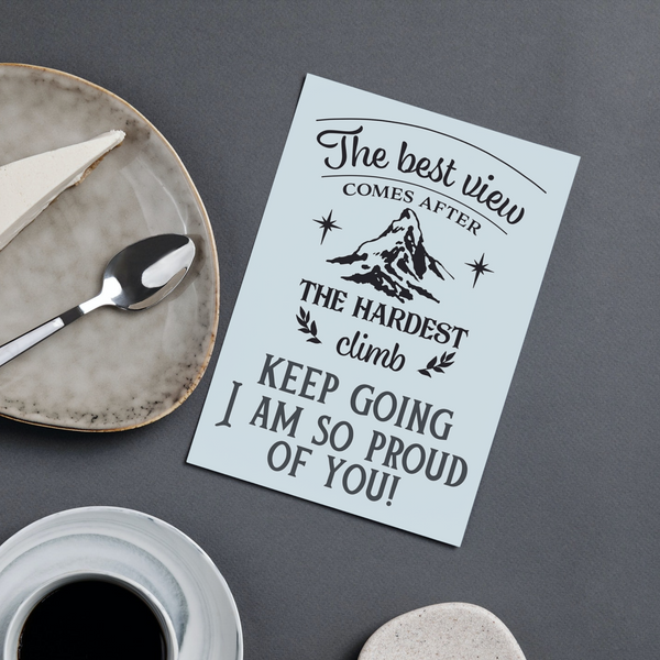 Inspirational greeting card with mountain silhouette and quote text, light blue background