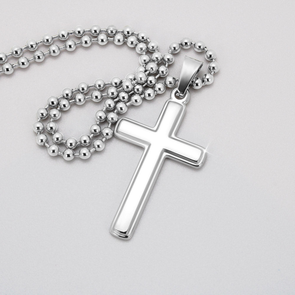 Silver ball-chain cross pendant necklace on a light background