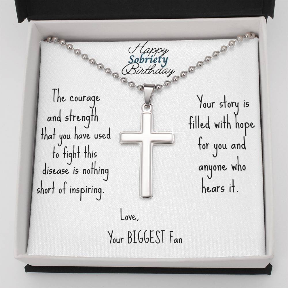 Silver cross pendant necklace with engraved message card in open gift box