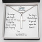 Silver cross pendant necklace with engraved message card in open gift box