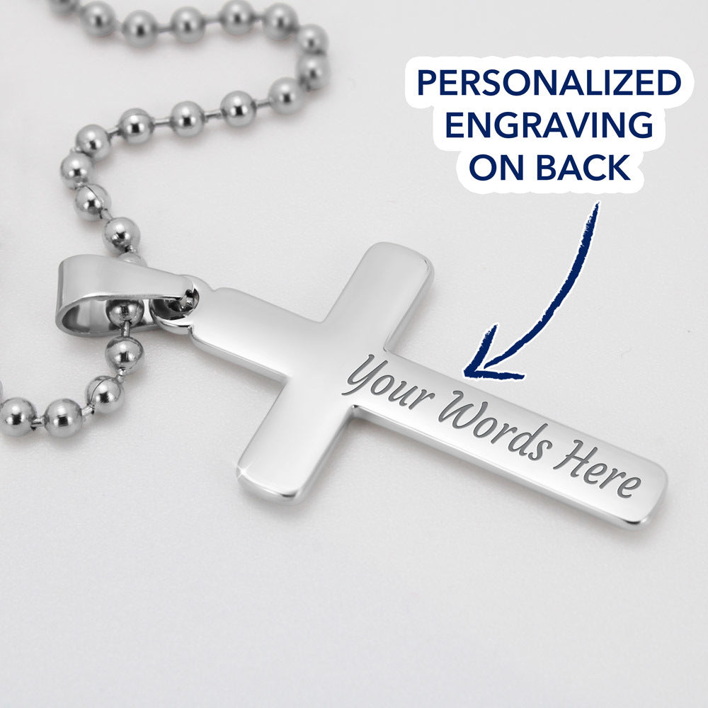 Silver cross pendant necklace with personalized nameplate on ball-chain