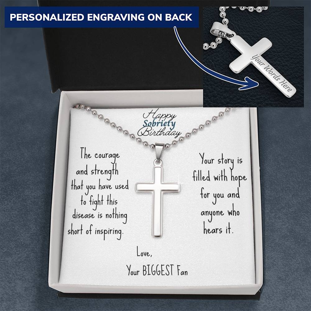 Silver cross necklace with ball-chain, shown in a gift box with engraved note