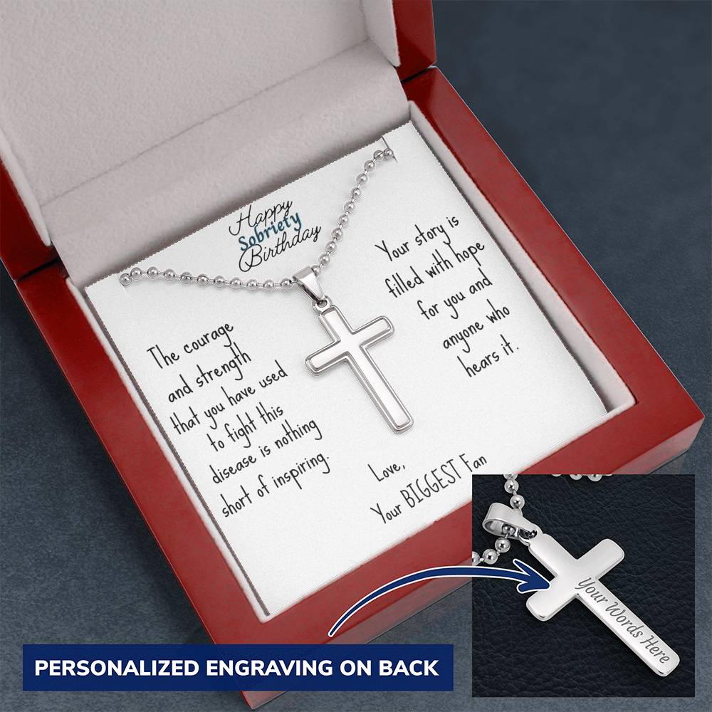Silver cross necklace with engraved message card in red gift box