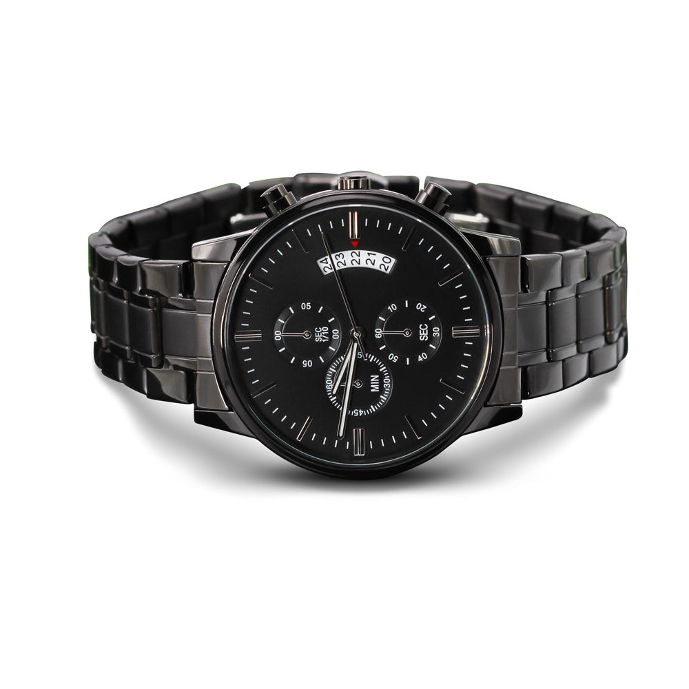 Black chronograph wristwatch with black metal bracelet and round black dial