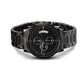 Black chronograph wristwatch with black metal bracelet and round black dial