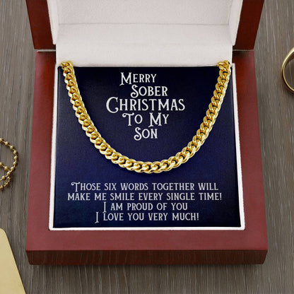 Gold Cuban link necklace with “Merry Sober Christmas To My Son” message pendant
