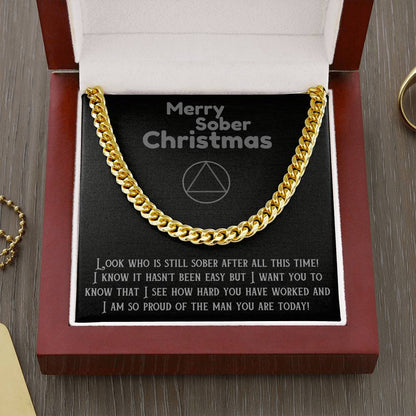 Gold Cuban link Christmas chain necklace with clasp, shown in gift box