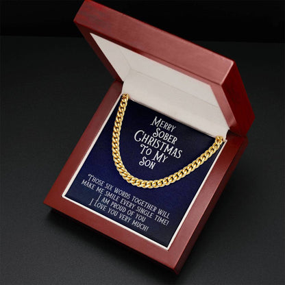 Gold Cuban link necklace in a gift box, with “Merry Sober Christmas To My Son” message