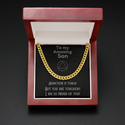 Gold-tone cuban link chain necklace in red presentation box with message card