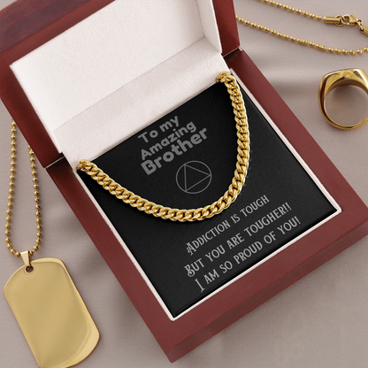 Gold-tone Cuban link chain necklace in gift box, with gold dog-tag style pendant