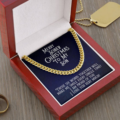 Gold Cuban link necklace in a gift box with “Merry Sober Christmas To My Son” message