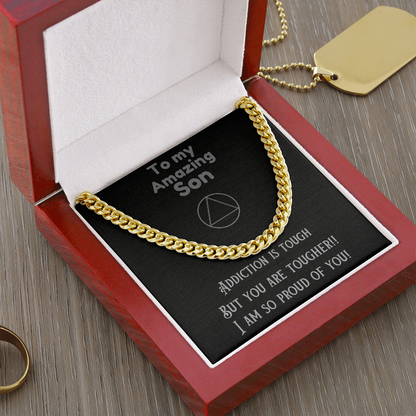 Gold-tone cuban link chain necklace with small plate pendant on message card