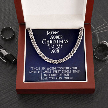 Silver Cuban link necklace with “Merry Sober Christmas To My Son” message pendant