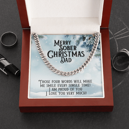 Silver Cuban link chain necklace with Merry Sober Christmas Dad pendant