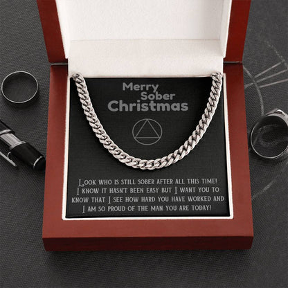 Silver Cuban link Christmas chain necklace with clasp, shown in gift box