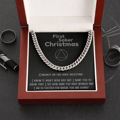 Silver cuban link chain necklace in open gift box