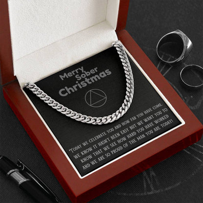Cuban link chain necklace with card in gift box, polished silver tone