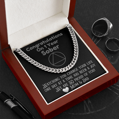 Silver Cuban link chain necklace close view in open gift box