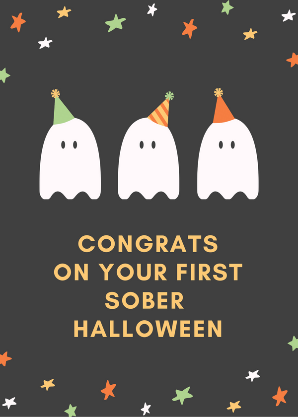 Halloween digital download with three white ghosts and 'Congrats on your first sober Halloween' text
