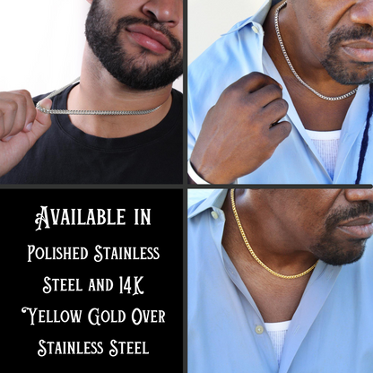 Cuban link chain necklace on model, polished silver tone
